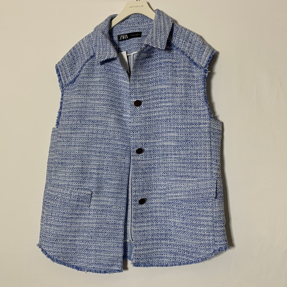 NWT Zara Blue Tweed Fringe-Detail Sleeveless Blazer Size L